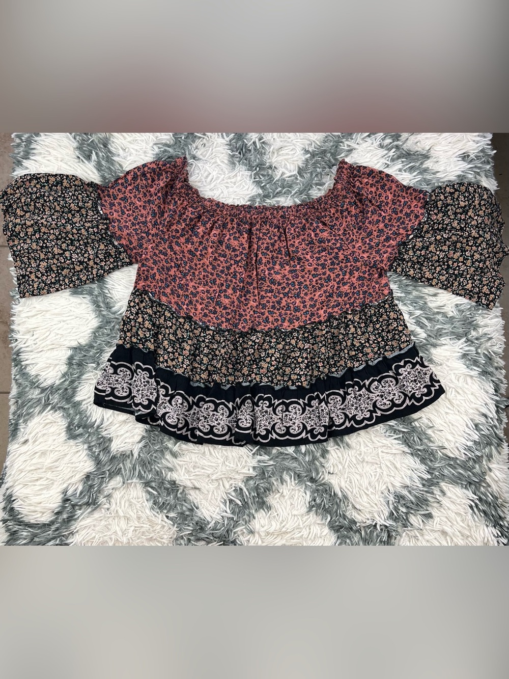 AEROPOSTALE Off Shoulder Floral Ruffle Top Elastic Neckline 3/4 Bell Boho Sz XL